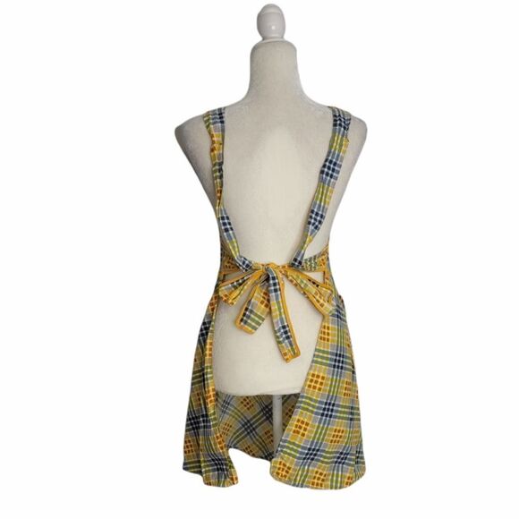 VINTAGE 70s apron yellow plaid tie back full‎ with pocket - Picture 3 of 9